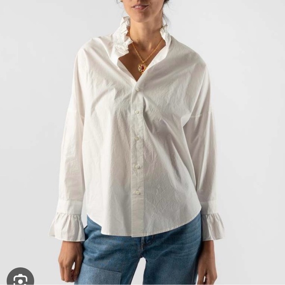 Alex Mill Tops - Alex Mill White Ruffle Collar Blouse Button Front Cotton Top Size L